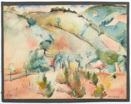 Johan Hugó (1890-1951): Pécsi hegyoldal, 1924. Akvarell, papír, jelzett, kartonra kasírozva. Proveniencia: Johan Hugó hagyatéka. 22x29 cm. Johan Hugó 1891-ben született Pécsett. A tízes években több éven keresztül Dobrovics Péter