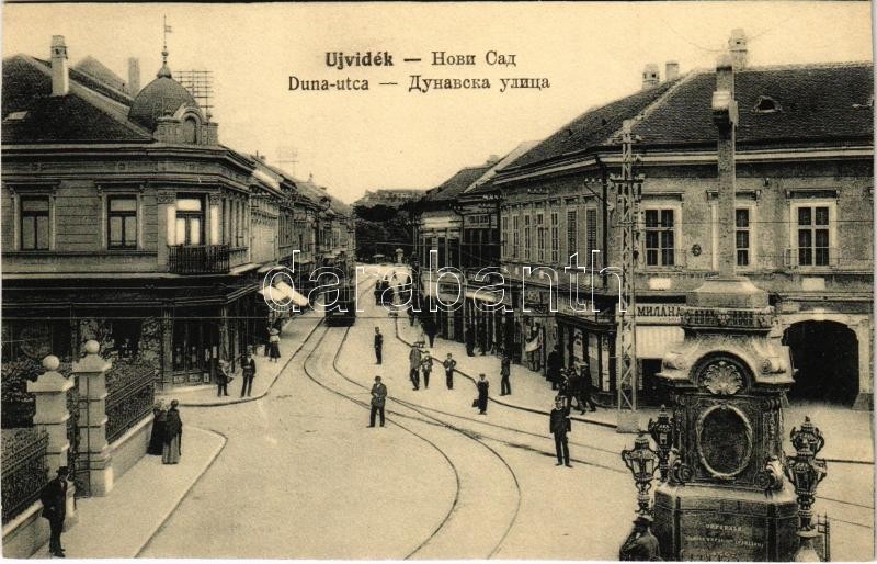 Újvidék, Novi Sad; Duna utca, villamos, üzletek / stret view, tram, shops (vágott / cut)
