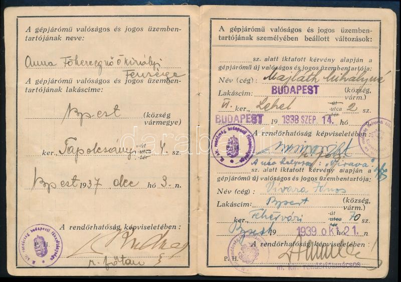 1939 Anna főhercegnő, majd Majláth Mihályné DKW luxus gépjármű forgalmi engedélye, hozzá tulajdonosváltozást igazoló okirattal - Image 2