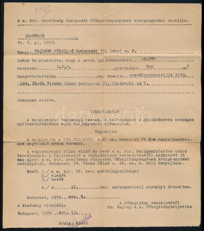 1939 Anna főhercegnő, majd Majláth Mihályné DKW luxus gépjármű forgalmi engedélye, hozzá tulajdonosváltozást igazoló okirattal - Image 4