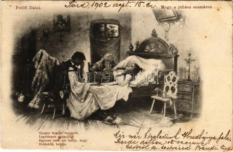 1902 'Megy a juhász szamáron...' Petőfi Dalai. Magyar folklór művészlap / Hungarian folklore art postcard (szakadás / tear)