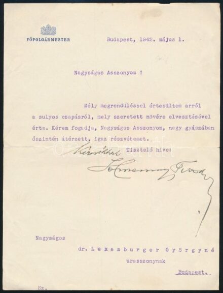 1942 Budapest főpolgármestere Homonnay Tivadar (1888-1964) levele saját kezű aláírása