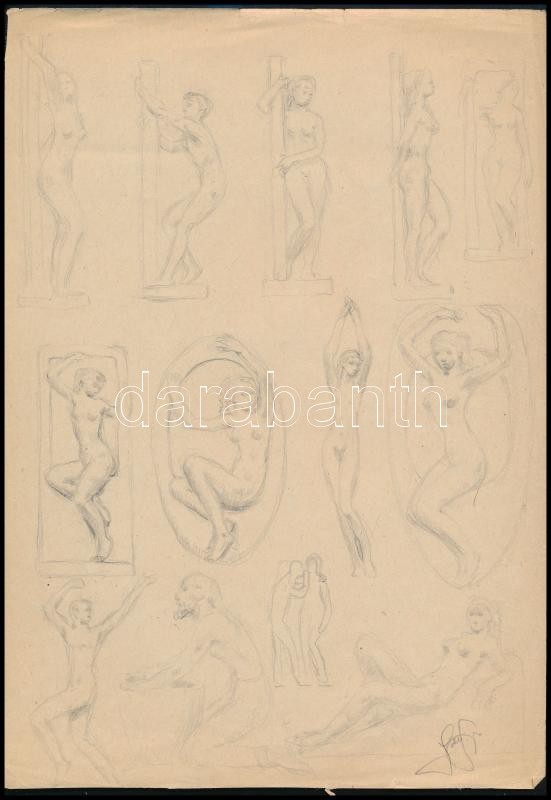 Jakab Gyula (1910-1991): Női akt vázlatok, ceruza, papír, 29×20 cm