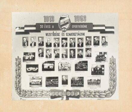 1963 Orosházi MTK - Kinizsi, 50 éves a sportkörünk vezetősége és szakosztályai, tablófotó, kartonra kasírozva, kis sérüléssel, kissé hullámos, 23x17,5 cm