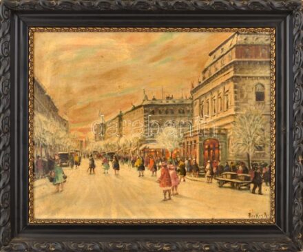 Berkes Antal (1874-1938): Nagyvárosi forgatag (Andrássy út, Opera). Olaj, vászon. Jelezve jobbra lent: Berkes A. 40x50cm. Dekoratív, kopott fakeretben. '1894-ben végzett az Iparművészeti Főiskolán. Tanulmányutat tett Párizsban. Eleinte