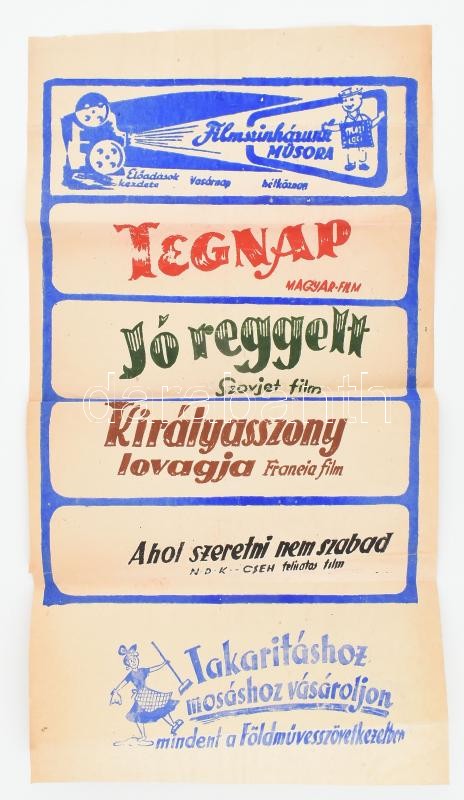 cca 1950-1960 Retró moziplakát, hajtott, 60×30 cm