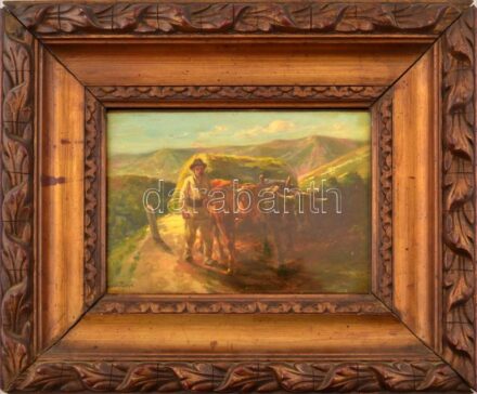 Pállya Carolus (1875 - 1948-50 körül): Ökrös szekér. Olaj, fa, jelezve balra lent: Carolus Pállya. 18x26 cm. Dekoratív korabeli keretben.