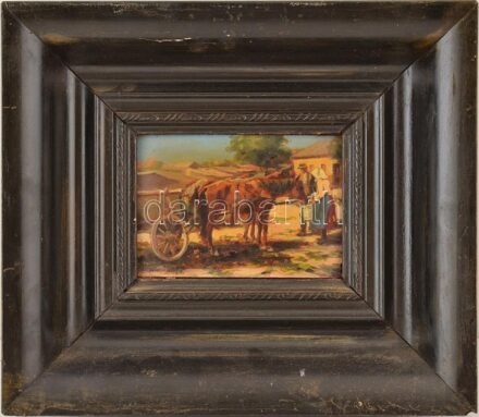 Pállya Carolus (1875 - 1948-50 körül): Ló itatás. Olaj, falemez, jelezve balra lent: Carolus Pállya, dekoratív kopott fakeretben, 11x16 cm