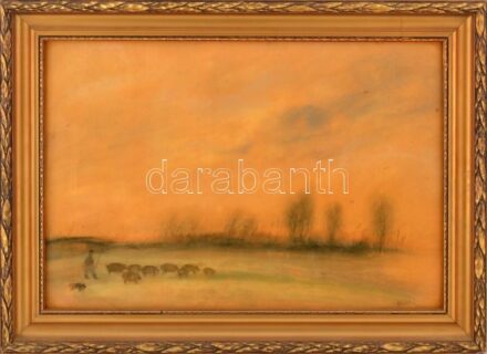 Vadász Endre (1901-1944): Kondás malacokkal. Vegyes technika: szén, pasztell, papír. Jelezve jobbra lent: Vadász. 35x51 cm. Dekoratív, korabeli keretben.