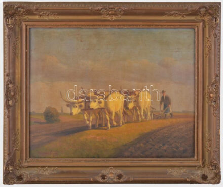 Korpács Lajos (19-20. század): Szántás szürke szarvasmarhákkal. Olaj, falemez. Jelezve balra lent: Korpács Lajos. 40x50 cm Korabeli blondel keretben.