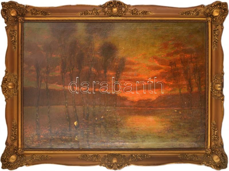 K. Spányi Béla (1852-1914): Gólyák. Olaj, vászon 70x100 cm Jelezve jobbra lent: K. Spányi B. Dekoratív, sérült, korabeli keretben. / oil on canvas, signed lower right, framed