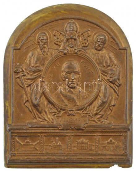 Vatikán DN 'XII. Pius pápa' lemezérem műanyag alapra rögzítve (69x87mm) T:2 ph. Vatican ND 'Pope Pius XII' plate commemorative medallion on plastic table (69x87mm) C:XF edge error