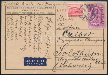 1954 Czibor Zoltánnak, az Aranycsapat játékosának az édesapja által az 1954-es labdarúgó világbajnokságra, a magyar csapat szállodájába küldött, személyes hangvételű levelezőlapja melyben kifejezi köszönetét, szeretetét és