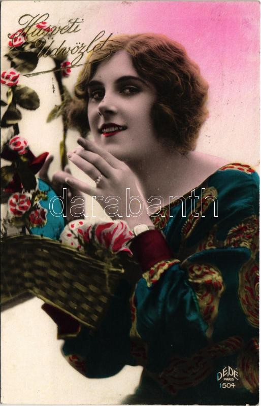 1929 Húsvéti üdvözlet / Easter greeting card with lady. Dédé Paris 1504.
