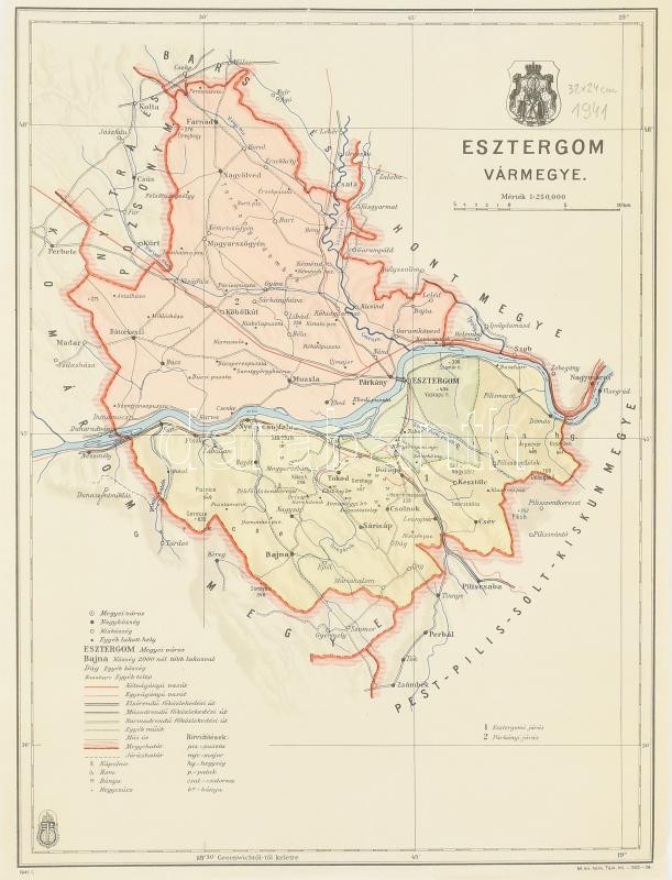 1941 Esztergom vármegye térképe, 1:250 000, M. Kir. Honvéd Térképészeti Intézet, 32×24 cm