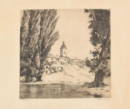 Beron Pál (?-): Falu, rézkarc, papír, jelzett, 28×29 cm