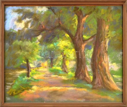 Bertalan Rózsa (1900-1987): Erdei út. Pasztell, papír, üvegezett keretben, 23×29 cm