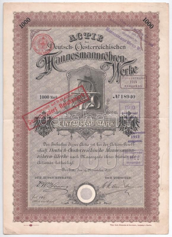 Német Birodalom / Berlin 1890. 'Német-Ausztriai Mannesmannröhren-Művek Részvénytársaság' részvénye 1000M-ról szárazpecséttel, bélyegzésekkel T:III kis ragasztás German Empire / Berlin 1890. 'Actie der Deutsch-Oesterreischischen