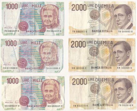 Olaszország 1990. 1000L (3x) + 2000L (3x) T:III,III- egyik 2000L-n nagyobb szakadás Italy 1990. 1000 Lire (3x) + 2000 Lire (3x) C:F,VG one 2000 Lire with tear