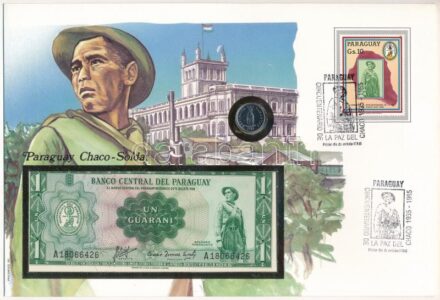 Paraguay 'Chaco katona' érmés és bankjegyes, pecsételt boríték benne 1984. 1G rozsdamentesacél érmével és 1952. 1G bankjeggyel a PHILSWISS kiadásában, német leírással T:1,I