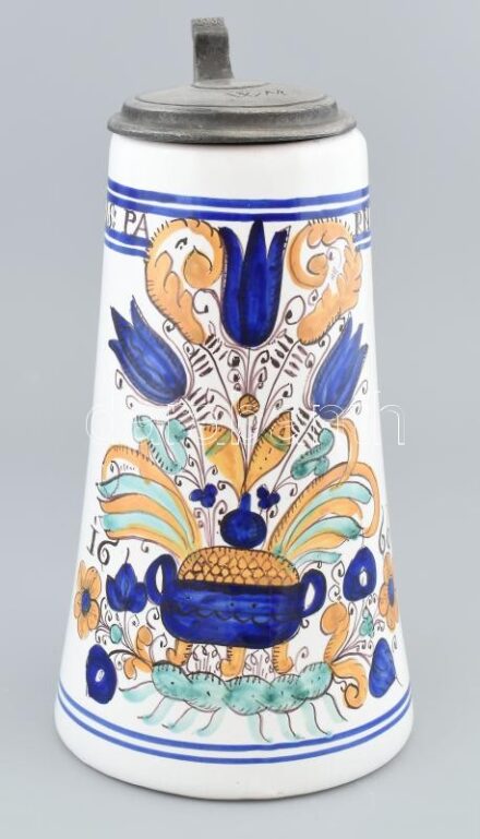 Habán másolat, söröskorsó, kerámia, ón fedővel, jelzett, m:26cm