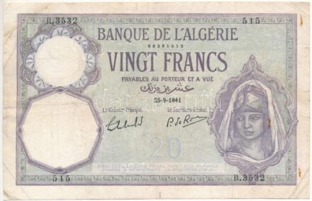 Algéria / Szövetséges megszállás 1941. 20Fr 'R. 3532 515' T:III folt, kis szakadás, tűzőgép lyuk Algeria / Allied Occupation 1941. 20 Francs 'R. 3532 515' C:F spot, small tear, stapler holes Krause P#78