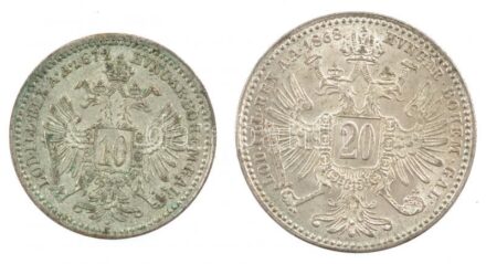 Ausztria 1868. 20kr Ag 'Ferenc József' + 1872. 10kr Ag 'Ferenc József' T:1-,2 patina Austria 1868. 20 Kreuzer Ag 'Franz Joseph' + 1872. 10 Kreuzer Ag 'Franz Joseph' C:AU,XF patina Krause KM#2212