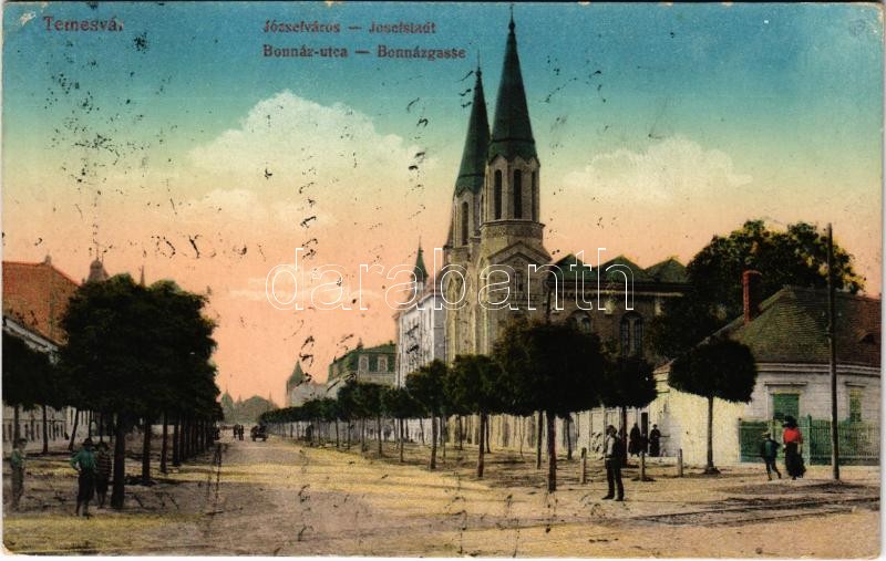 1916 Temesvár, Timisoara; Józsefváros, Bonnáz utca, templom / street view, church (fl)