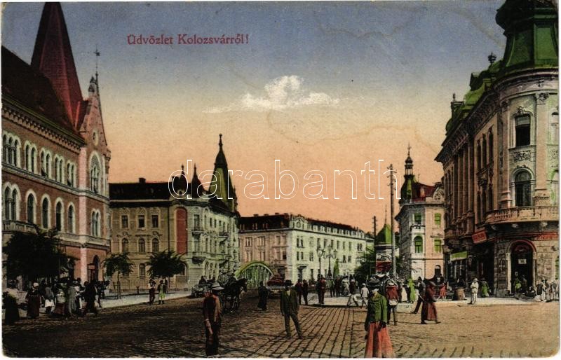 1915 Kolozsvár, Cluj; Vashíd, Wertheimer üzlete / street view, shops, bridge + 'Permanenter Krankenzug No. 24. Der Kommandant' (kis szakadás / small tear)