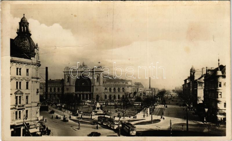 1950 Budapest VII. Keleti pályaudvar, vasútállomás, Baross szobor, villamos (fa)