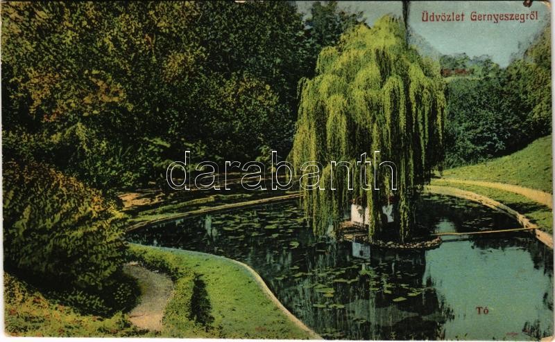 1913 Gernyeszeg, Gornesti; Teleky kastély parkja. Fogyasztási szövetkezet kiadása. Lang Henrik fényképészeti műterme (Brassó) / castle park, lake (EK)