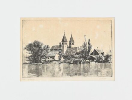 Gy. Molnár István (1933-2010): Kis sziget. Rézkarc, papír, jelzett. Apró foltokkal. Paszpartuban. 18x28,5 cm