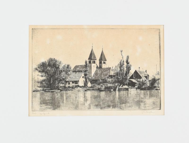 Gy. Molnár István (1933-2010): Kis sziget. Rézkarc, papír, jelzett. Apró foltokkal. Paszpartuban. 18x28,5 cm