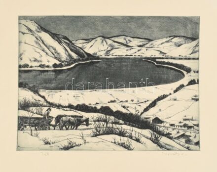 Novák Lajos (1927-1989): Tél (Dunakanyar). Rézkarc, papír, jelzett, kartonra kasírozva, 29×39 cm