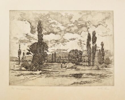 Artner Ferenc (1904-1981): Táj szénagyűjtőkkel. Rézkarc, papír, jelzett, kartonra kasírozva, 28×39 cm