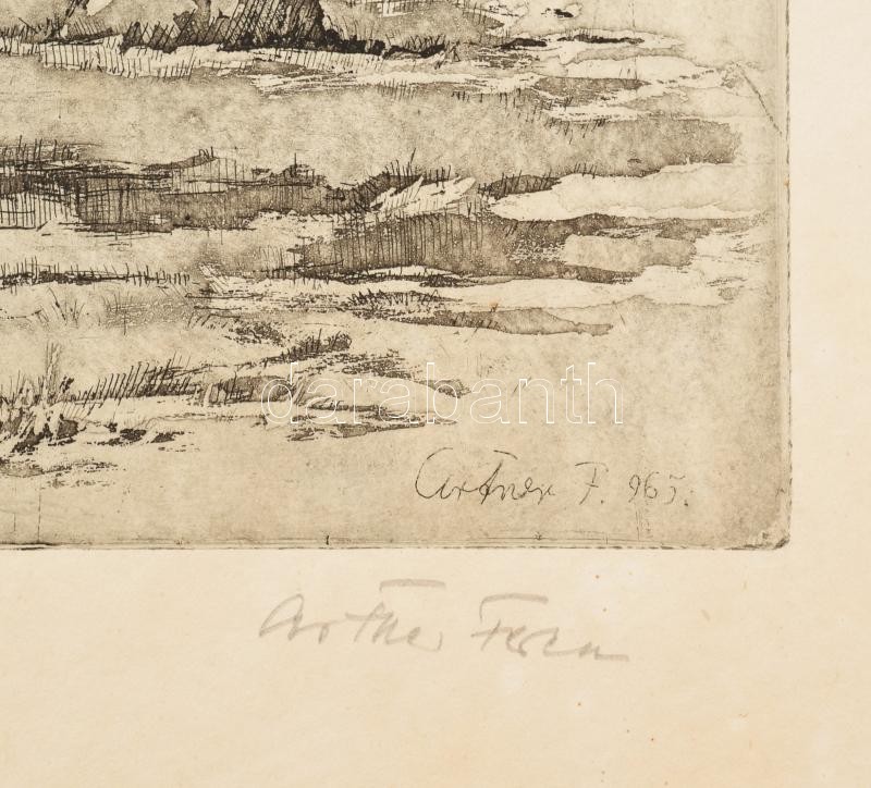 Artner Ferenc (1904-1981): Táj szénagyűjtőkkel. Rézkarc, papír, jelzett, kartonra kasírozva, 28×39 cm - Image 2