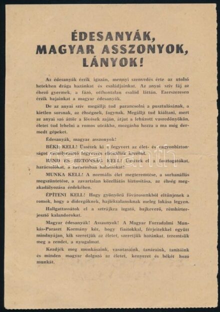 1956 'Édesanyák, magyar asszonyok, lányok!', a Forradalmi Munkás-Paraszt Kormány röplapja a forradalom idejéből, 21x14,5 cm