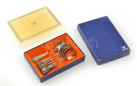 6 db ezüstözött alpakka kanál, dobozban, h: 15 cm