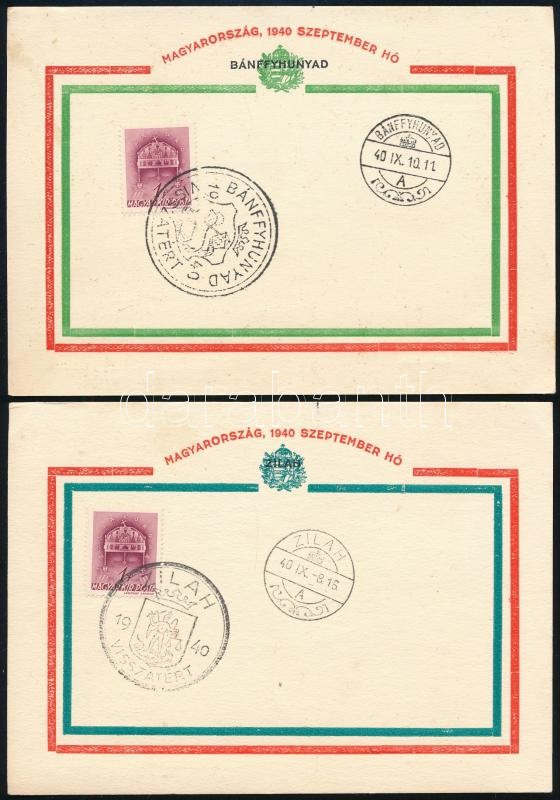 2 db erdélyi irredenta emléklap, Bánffyhunyad és Zilah 'VISSZATÉRT' alkalmi bélyegzéssel, 15x11 cm