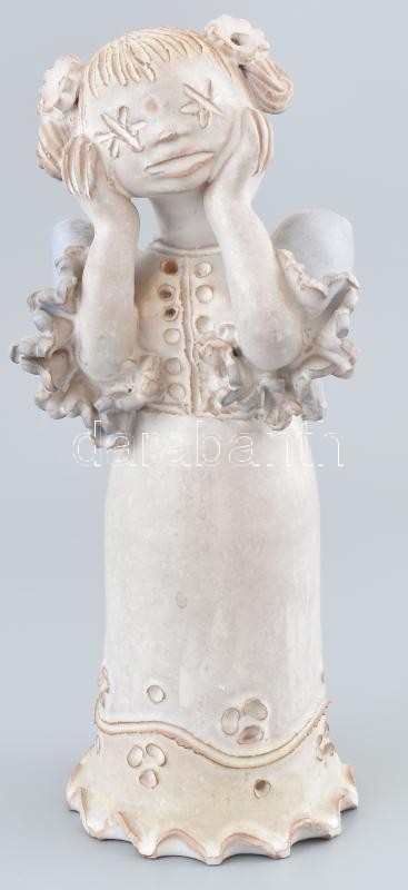 Kovács Éva (1938-): Elmélkedő lány. Mázas kerámia. Jelzett. Apró kopásokkal. m: 25 cm