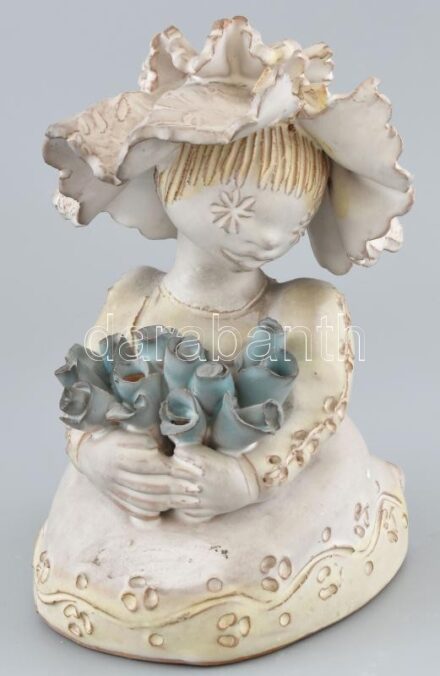 Kovács Éva (1938-): Tulipános lány. Mázas kerámia. Jelzett. minimális csorbákkal. m: 22 cm