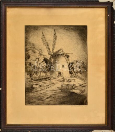 Gerstenbrein Ferenc (-): Szélmalom. Rézkarc, papír, kopott sérült keretben, jelzett, 33x25 cm