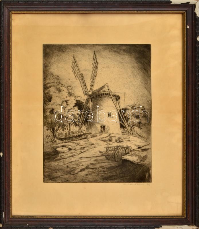 Gerstenbrein Ferenc (-): Szélmalom. Rézkarc, papír, kopott sérült keretben, jelzett, 33x25 cm