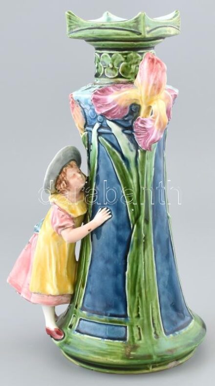Szecessziós kerámia váza, sérült, fajansz, jelzés nélkül, m: 28 cm