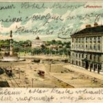 Wien, Vienna, Bécs; Praterstern mit Tegetthoff-Monument / street view, monument, horse-drawn tram. litho