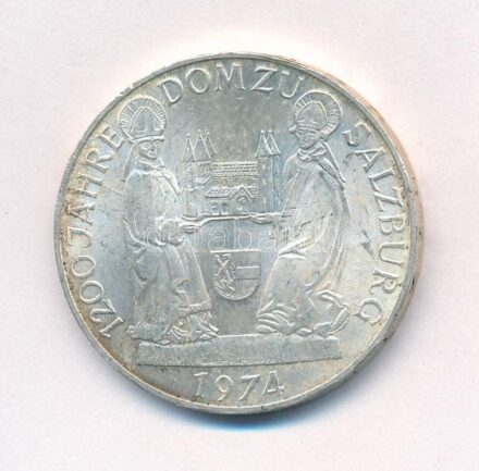 Ausztria 1974. 50Sch Ag '1200 éves a Salzburgi Dóm' T:1- kis patina Austria 1974. 50 Schilling Ag '1200th Anniversary - Salzburg Cathedral' C:AU small patina Krause KM#2921