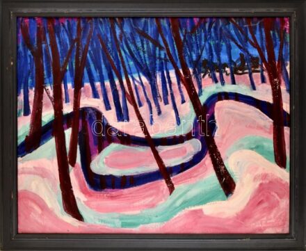 Kunt Ernő (1920 - 1994): Téli alkony, 1975. Olaj, vászon. jelezve jobbra lent. Dekoratív fakeretben. 80x100 cm. KIZÁRÓLAG SZEMÉLYES ÁTVÉTEL, NEM POSTÁZZUK! / ONLY PERSONAL COLLECTION AT OUR OFFICE.