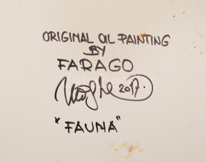 Faragó Miklós (1947-): Fauna, 2017. Olaj, farost. Jelzett. Hátoldalán autográf felirattal. Üvegezett fakeretben. 60x100 cm. KIZÁRÓLAG SZEMÉLYES ÁTVÉTEL, NEM POSTÁZZUK! / ONLY PERSONAL COLLECTION AT OUR OFFICE. - Image 3
