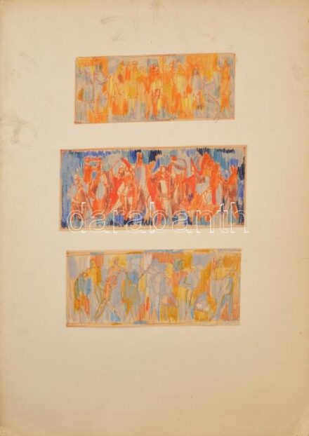 Hajnal Gabriella (1928-) Szőnyegtervek 3 db. Akvarell, papír, kartonon. Egyenként 12x27 cm.