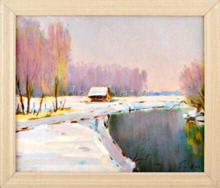 Fedir Pavlovics Bezverkhnev (1918-2005), ukrán festő: Havas táj. Olaj, vászon. Jelzett. Hátoldalán autográf felirattal. Fakeretben. 50x60 cm. / Fedir Pavlovics Bezverkhnev (1918-2005), Ukrainian painter: Snowy landscape. Oil on canvas,